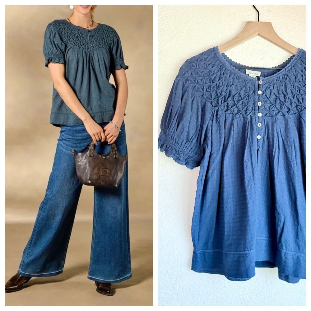 Sundance Catalog Sweet Pea Blouse Royal Blue Boho Smocked Peasant Top Size S EUC